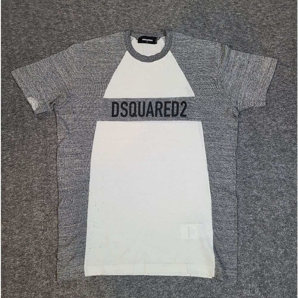 Dsquared2 Panel Logo Distressed Mens T-shirt Size S White Gray Short Sleeve